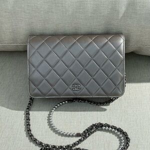 CHANEL Metallic Silver Lambskin Wallet on Chain (WOC) SHW